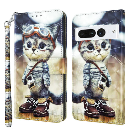 For Google Pixel 8 Pro Stand PU Leather Phone Case 3D Pattern Printing Wallet Cover with Strap