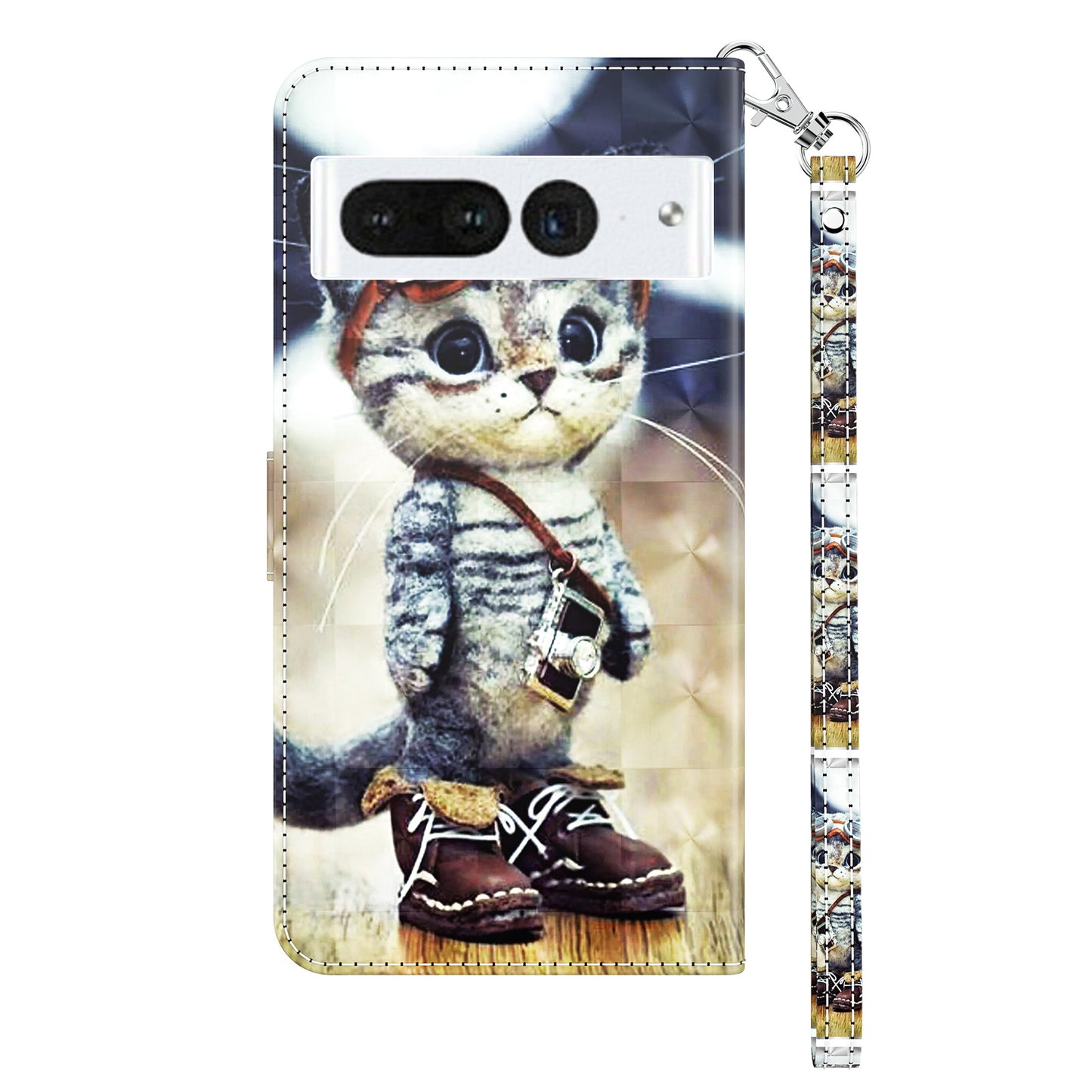For Google Pixel 8 Pro Stand PU Leather Phone Case 3D Pattern Printing Wallet Cover with Strap