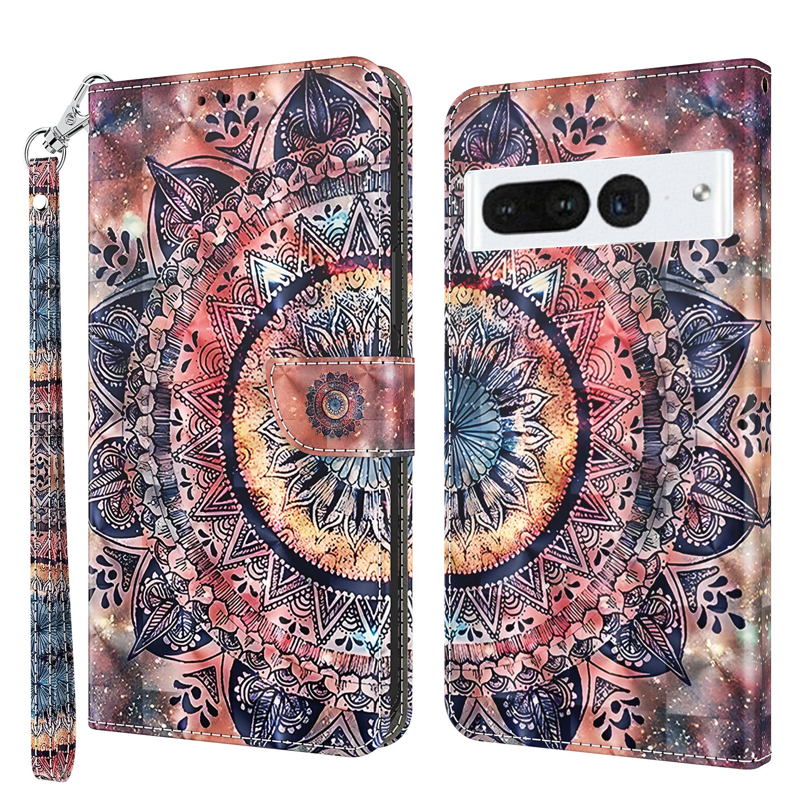 For Google Pixel 8 Pro Stand PU Leather Phone Case 3D Pattern Printing Wallet Cover with Strap