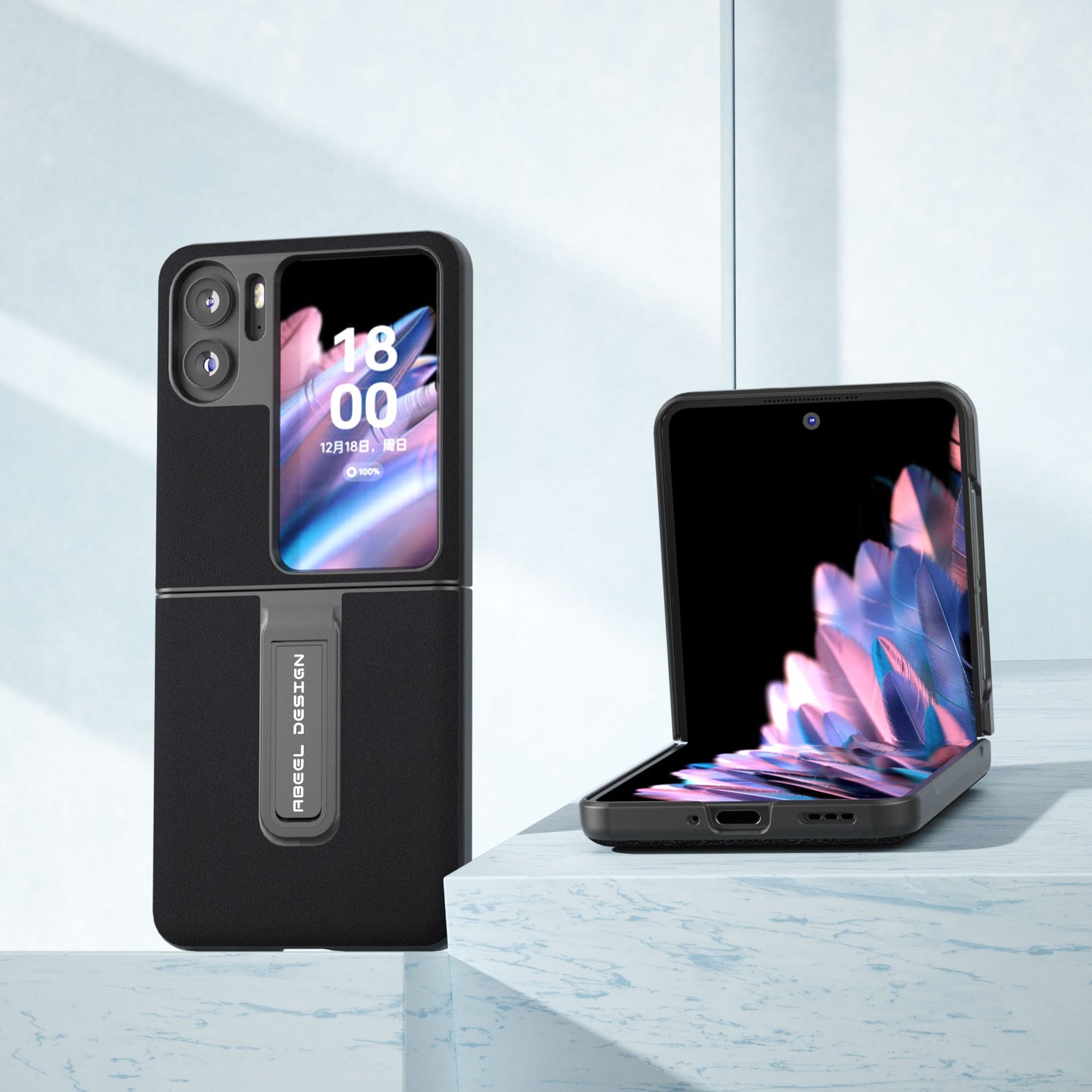 ABEEL For Oppo Find N2 Flip 5G Kickstand Phone Case Cowhide Leather Coated PC Protective Cover