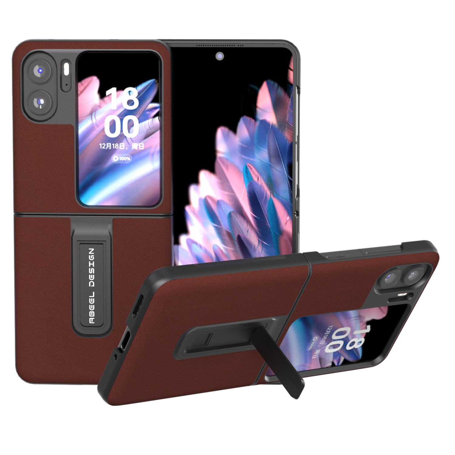 ABEEL For Oppo Find N2 Flip 5G Kickstand Phone Case Cowhide Leather Coated PC Protective Cover