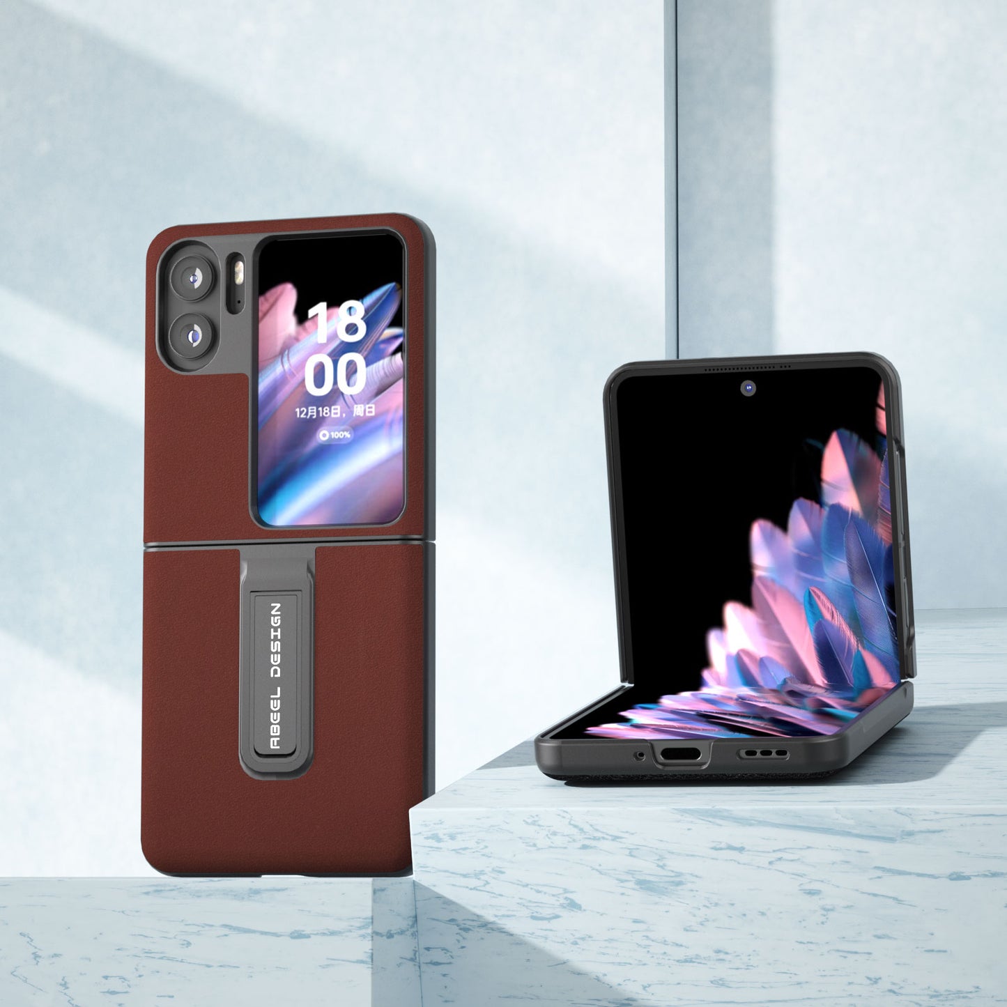 ABEEL For Oppo Find N2 Flip 5G Kickstand Phone Case Cowhide Leather Coated PC Protective Cover