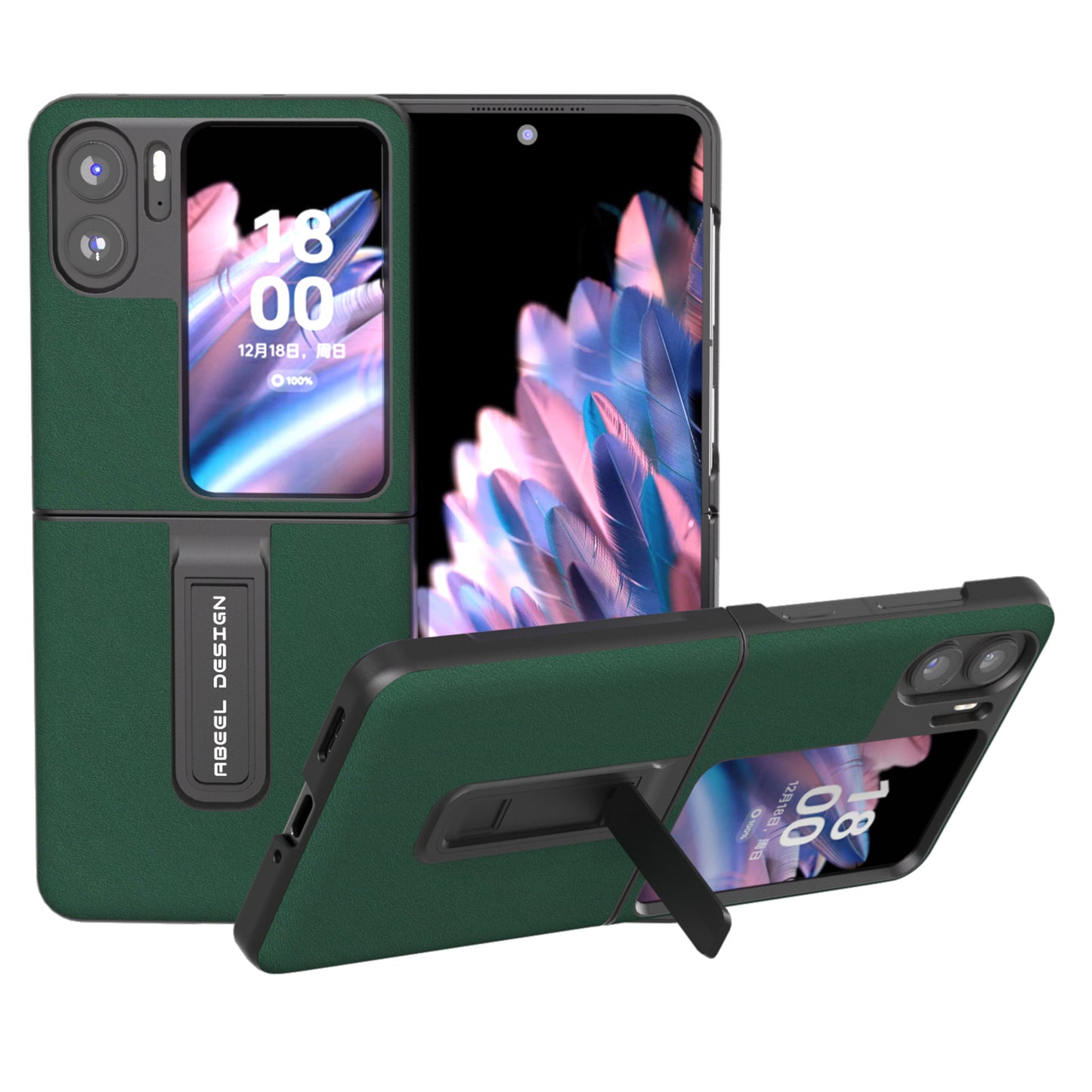 ABEEL For Oppo Find N2 Flip 5G Kickstand Phone Case Cowhide Leather Coated PC Protective Cover