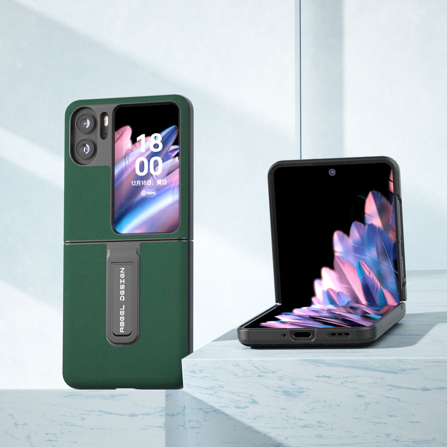 ABEEL For Oppo Find N2 Flip 5G Kickstand Phone Case Cowhide Leather Coated PC Protective Cover