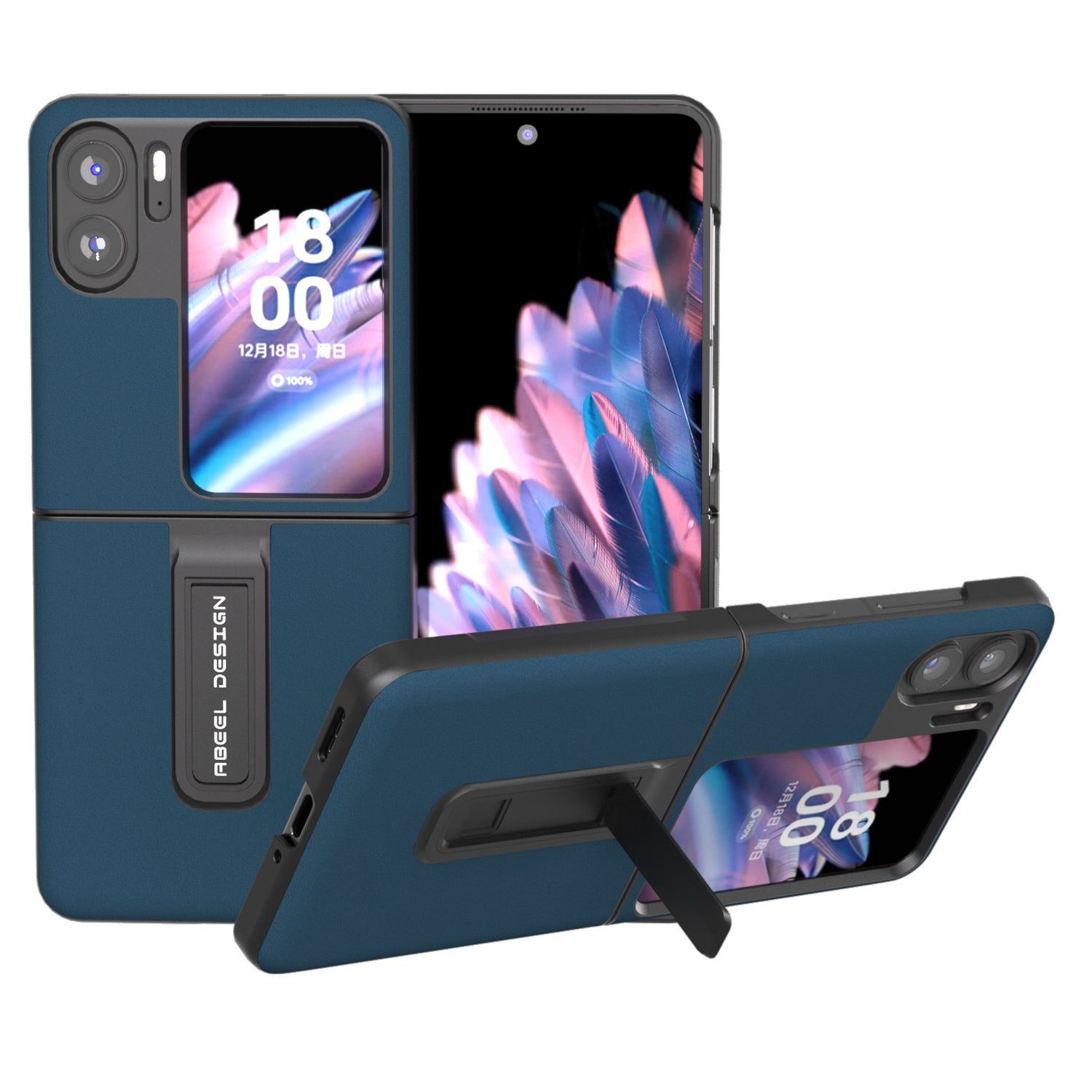 ABEEL For Oppo Find N2 Flip 5G Kickstand Phone Case Cowhide Leather Coated PC Protective Cover