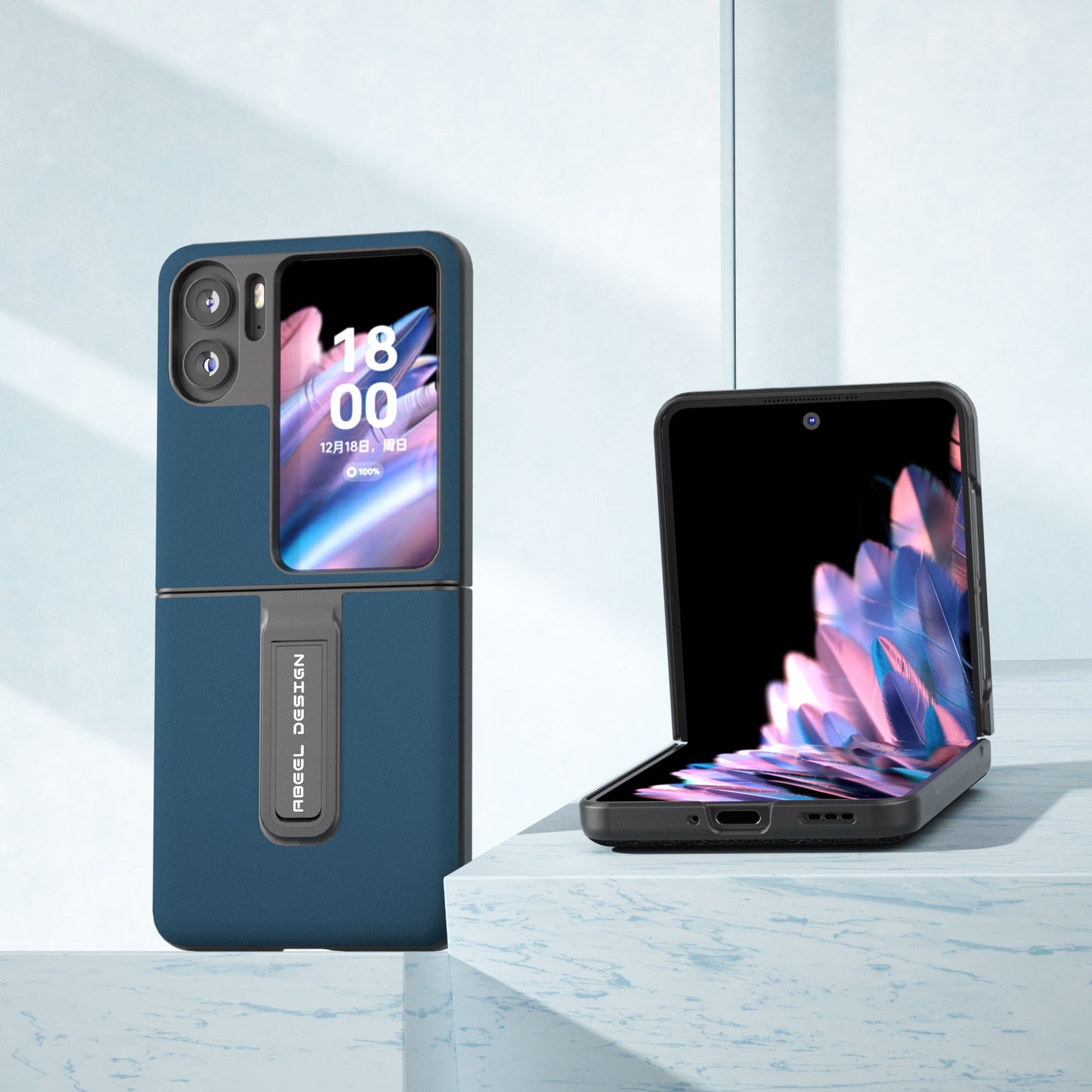 ABEEL For Oppo Find N2 Flip 5G Kickstand Phone Case Cowhide Leather Coated PC Protective Cover