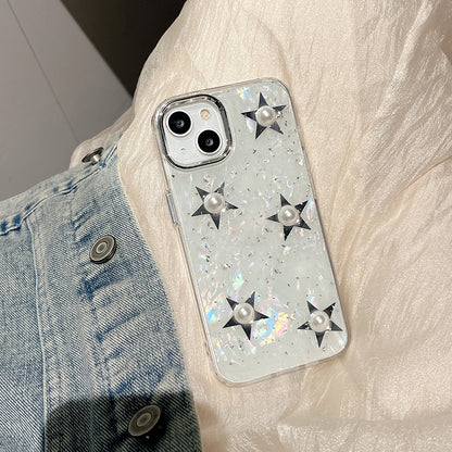 For iPhone 14 Plus Hard Acrylic+TPU Phone Shell Electroplating Phone Case with Pearl Star Decor