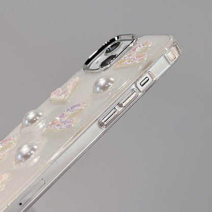 5 Laser Hearts Electroplating Phone Case for For iPhone 14 Plus , Hard Acrylic+TPU Cover with Pearl Decor