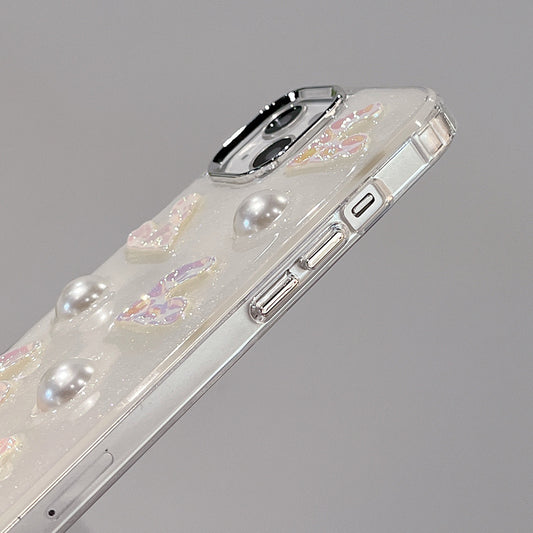 5 Laser Hearts Electroplating Phone Case for For iPhone 14 Plus , Hard Acrylic+TPU Cover with Pearl Decor