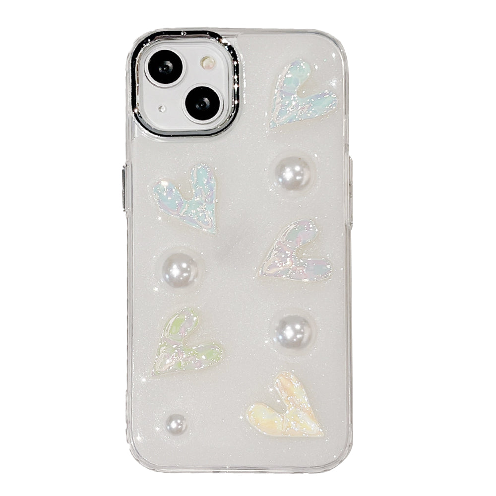 5 Laser Hearts Electroplating Phone Case for For iPhone 14 Plus , Hard Acrylic+TPU Cover with Pearl Decor