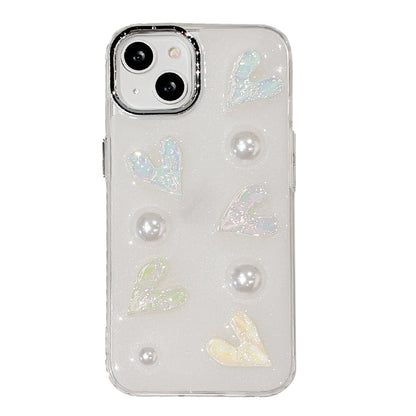 5 Laser Hearts Electroplating Phone Case for For iPhone 14 Plus , Hard Acrylic+TPU Cover with Pearl Decor