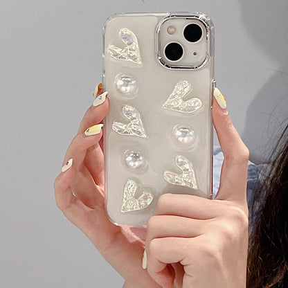 5 Laser Hearts Electroplating Phone Case for For iPhone 14 Plus , Hard Acrylic+TPU Cover with Pearl Decor