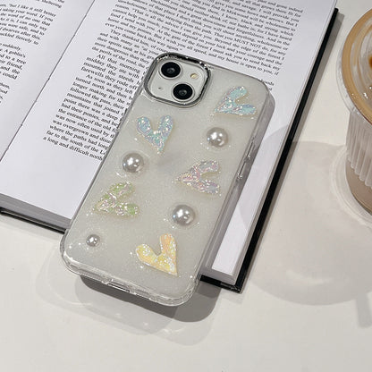 5 Laser Hearts Electroplating Phone Case for For iPhone 14 Plus , Hard Acrylic+TPU Cover with Pearl Decor