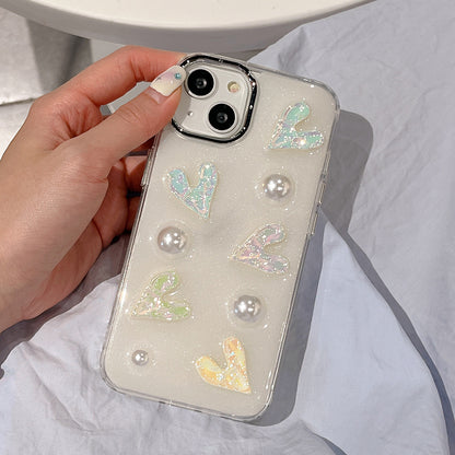 5 Laser Hearts Electroplating Phone Case for For iPhone 14 Plus , Hard Acrylic+TPU Cover with Pearl Decor