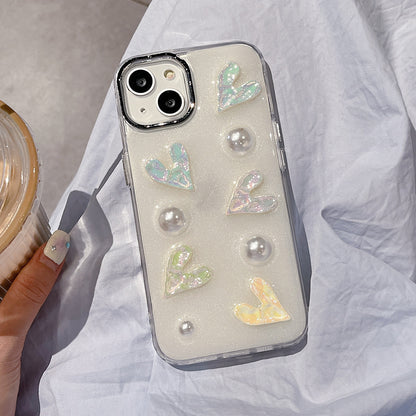 5 Laser Hearts Electroplating Phone Case for For iPhone 14 Plus , Hard Acrylic+TPU Cover with Pearl Decor