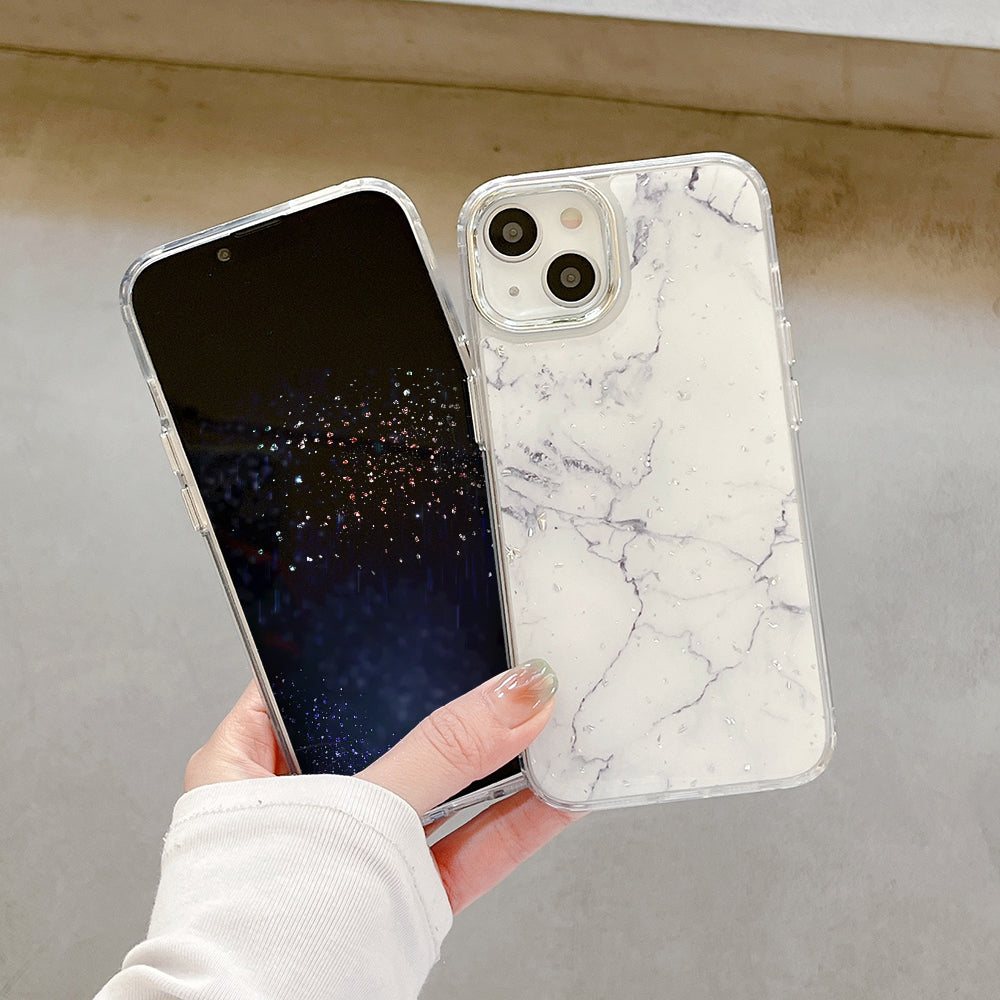 For iPhone 13 Epoxy Hard Acrylic+TPU Phone Shell Electroplating Marble Pattern Silver Foil Phone Case