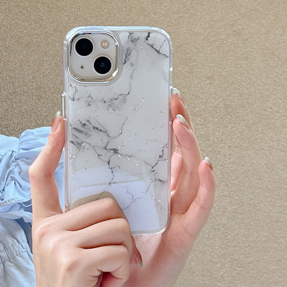 For iPhone 13 Epoxy Hard Acrylic+TPU Phone Shell Electroplating Marble Pattern Silver Foil Phone Case