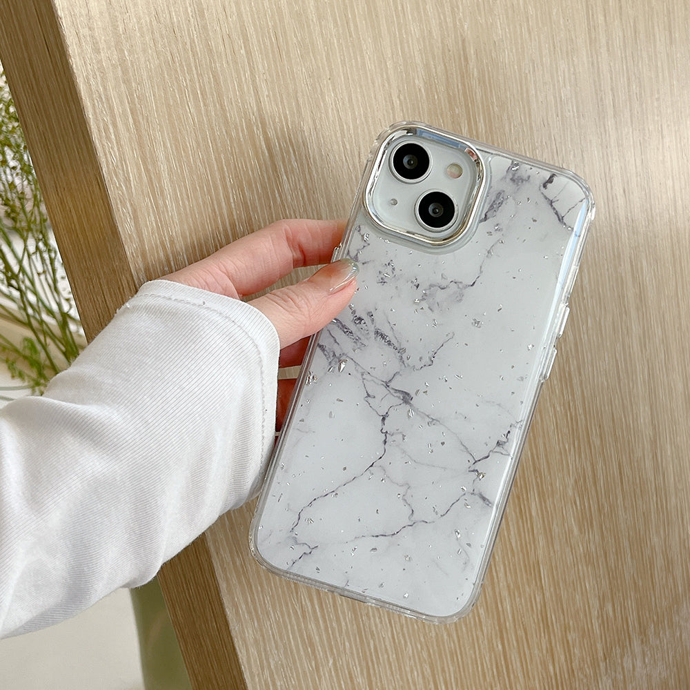 For iPhone 13 Epoxy Hard Acrylic+TPU Phone Shell Electroplating Marble Pattern Silver Foil Phone Case