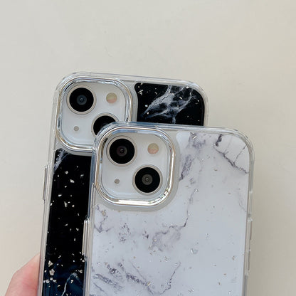 For iPhone 13 Epoxy Hard Acrylic+TPU Phone Shell Electroplating Marble Pattern Silver Foil Phone Case