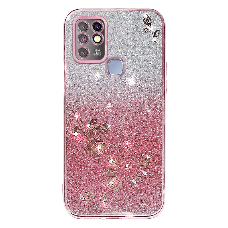 KADEM Rhinestone Flower Phone Case for Infinix Hot 10 , Gradient Glitter Anti-drop TPU Cover