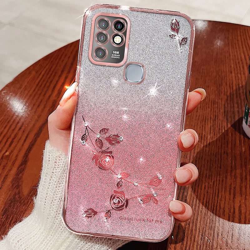 KADEM Rhinestone Flower Phone Case for Infinix Hot 10 , Gradient Glitter Anti-drop TPU Cover