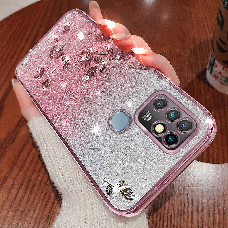 KADEM Rhinestone Flower Phone Case for Infinix Hot 10 , Gradient Glitter Anti-drop TPU Cover