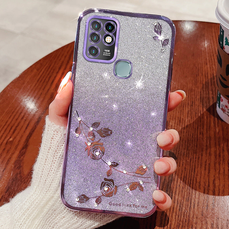 KADEM Rhinestone Flower Phone Case for Infinix Hot 10 , Gradient Glitter Anti-drop TPU Cover