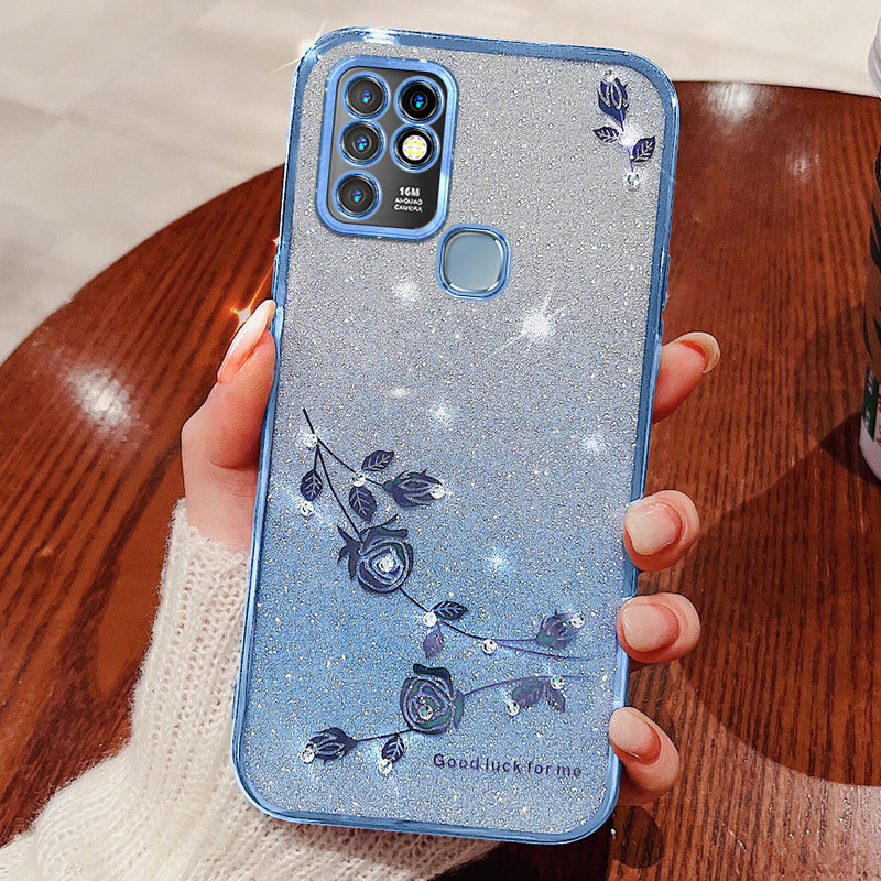 KADEM Rhinestone Flower Phone Case for Infinix Hot 10 , Gradient Glitter Anti-drop TPU Cover