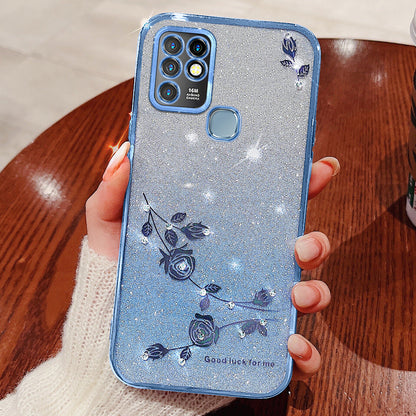 KADEM Rhinestone Flower Phone Case for Infinix Hot 10 , Gradient Glitter Anti-drop TPU Cover