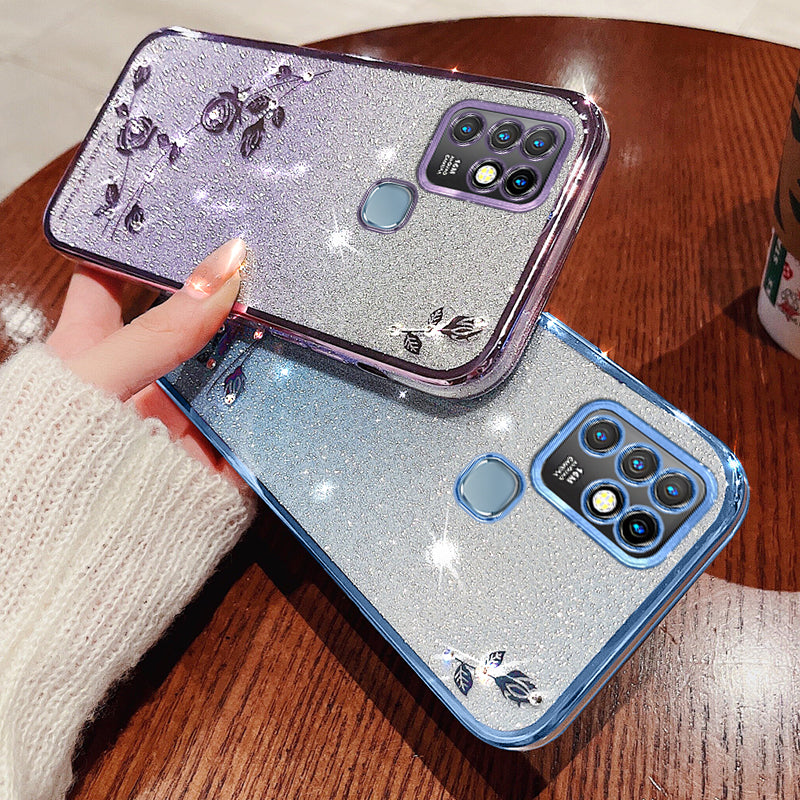 KADEM Rhinestone Flower Phone Case for Infinix Hot 10 , Gradient Glitter Anti-drop TPU Cover