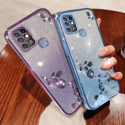 KADEM Rhinestone Flower Phone Case for Infinix Hot 10 , Gradient Glitter Anti-drop TPU Cover