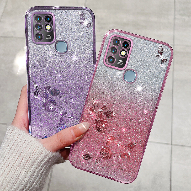 KADEM Rhinestone Flower Phone Case for Infinix Hot 10 , Gradient Glitter Anti-drop TPU Cover
