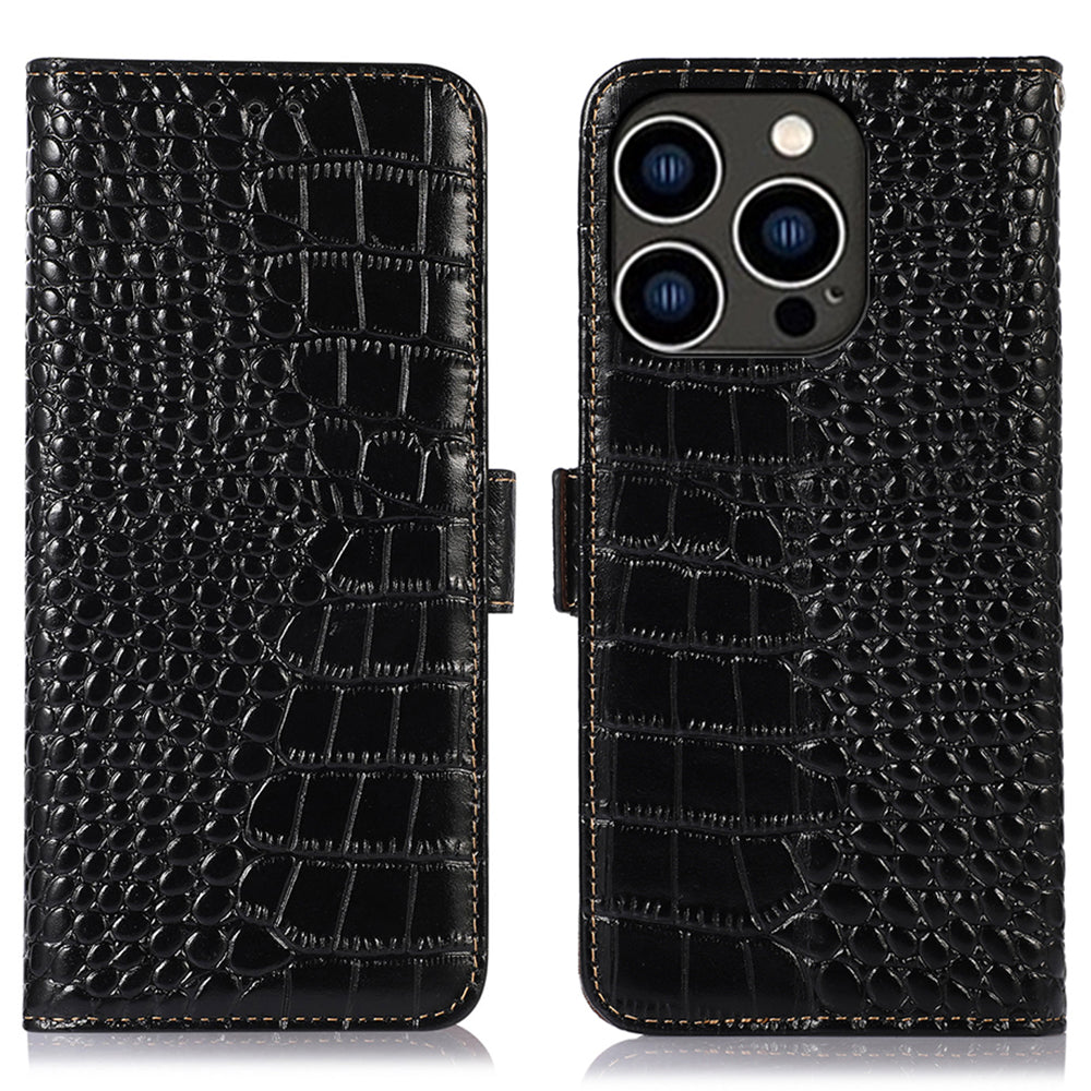 RFID Blocking Case for iPhone 15 Pro Max , Stand Wallet Genuine Cow Leather Phone Cover