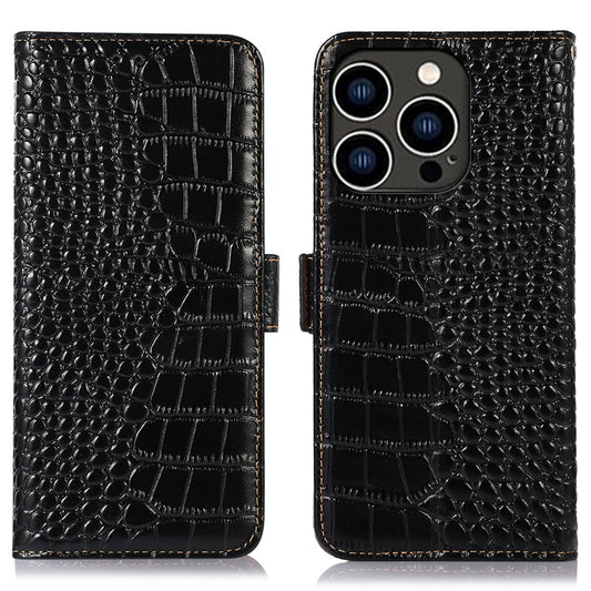 RFID Blocking Case for iPhone 15 Pro Max , Stand Wallet Genuine Cow Leather Phone Cover