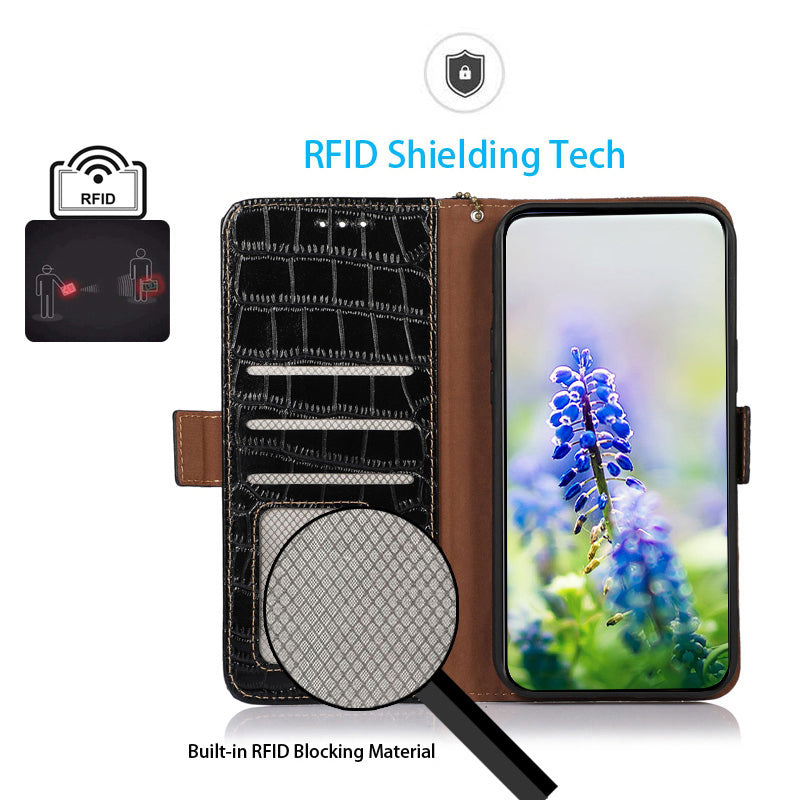 RFID Blocking Case for iPhone 15 Pro Max , Stand Wallet Genuine Cow Leather Phone Cover