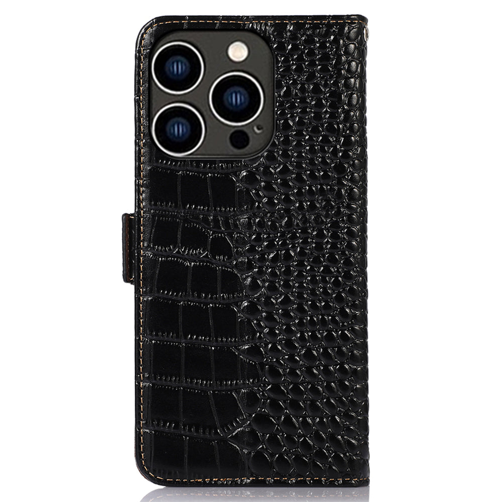 RFID Blocking Case for iPhone 15 Pro Max , Stand Wallet Genuine Cow Leather Phone Cover