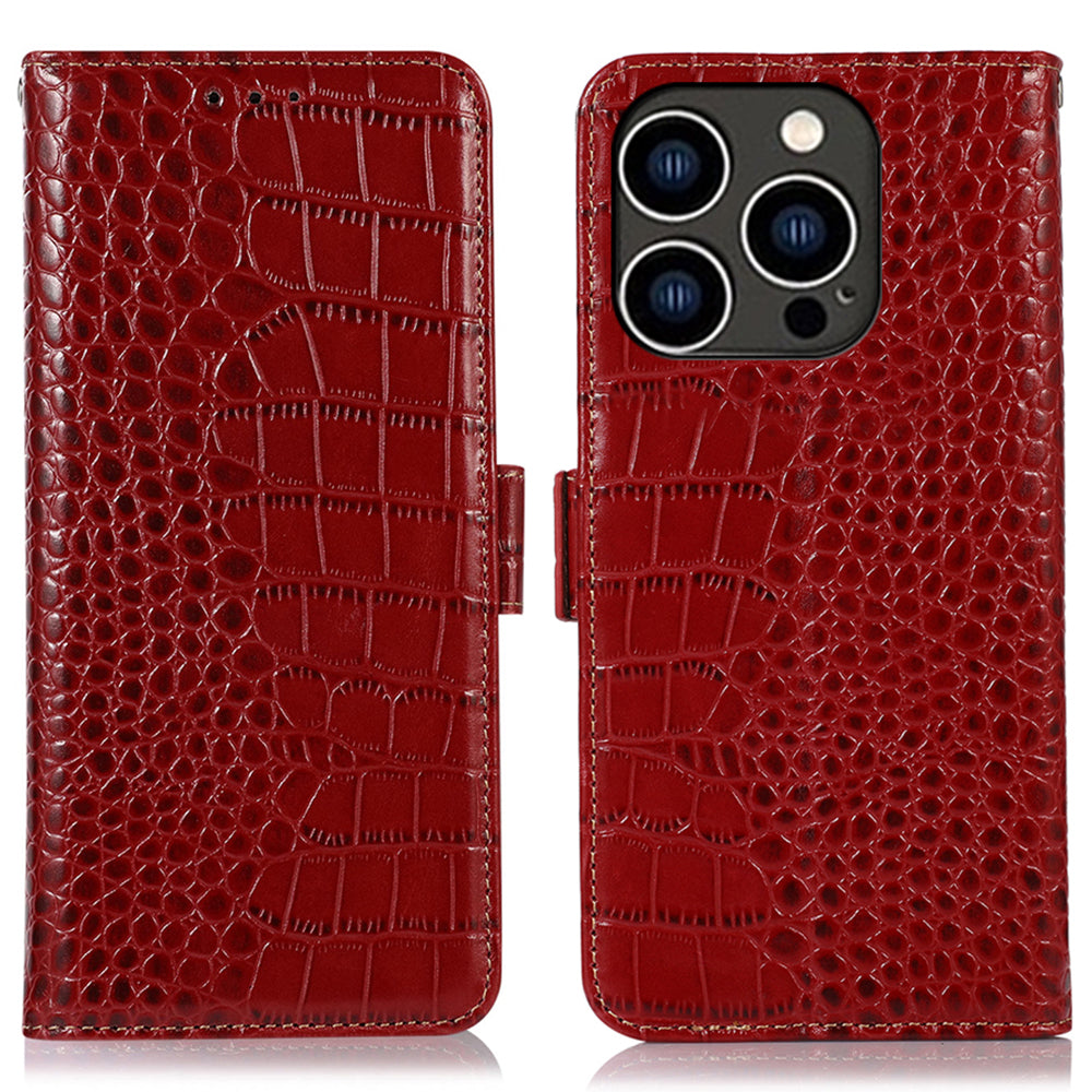 RFID Blocking Case for iPhone 15 Pro Max , Stand Wallet Genuine Cow Leather Phone Cover