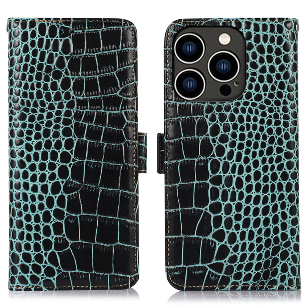 RFID Blocking Case for iPhone 15 Pro Max , Stand Wallet Genuine Cow Leather Phone Cover