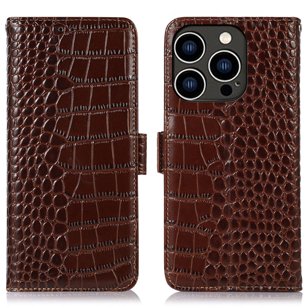 RFID Blocking Case for iPhone 15 Pro Max , Stand Wallet Genuine Cow Leather Phone Cover