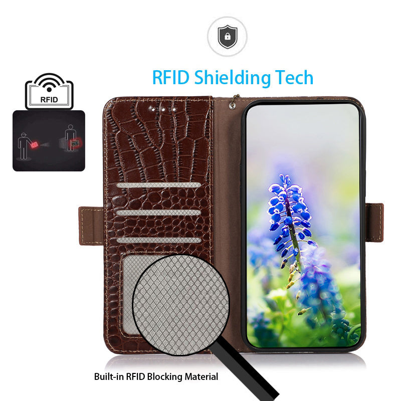 RFID Blocking Case for iPhone 15 Pro Max , Stand Wallet Genuine Cow Leather Phone Cover