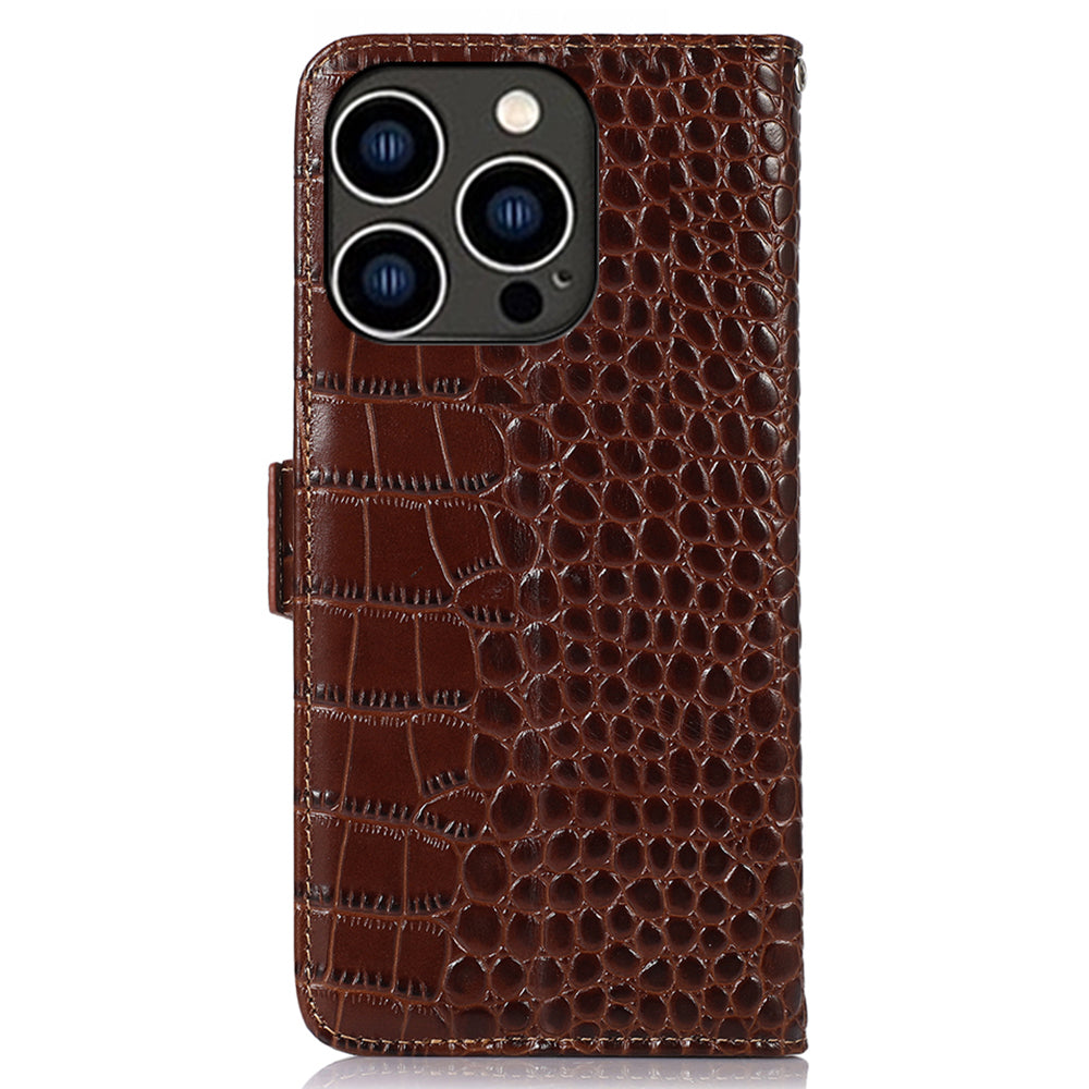 RFID Blocking Case for iPhone 15 Pro Max , Stand Wallet Genuine Cow Leather Phone Cover