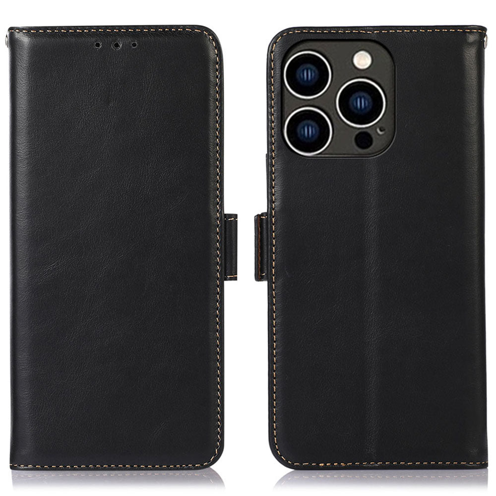 RFID Blocking Phone Case for iPhone 15 Pro Max , Genuine Cow Leather Wallet Phone Stand Cover