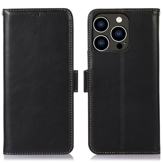 RFID Blocking Phone Case for iPhone 15 Pro Max , Genuine Cow Leather Wallet Phone Stand Cover