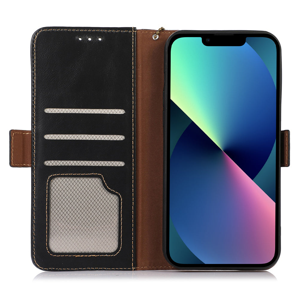 RFID Blocking Phone Case for iPhone 15 Pro Max , Genuine Cow Leather Wallet Phone Stand Cover
