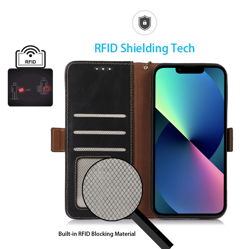 RFID Blocking Phone Case for iPhone 15 Pro Max , Genuine Cow Leather Wallet Phone Stand Cover
