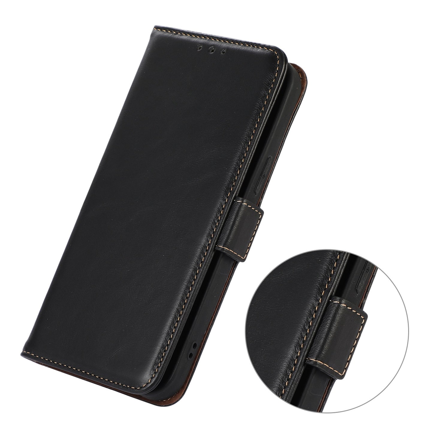 RFID Blocking Phone Case for iPhone 15 Pro Max , Genuine Cow Leather Wallet Phone Stand Cover