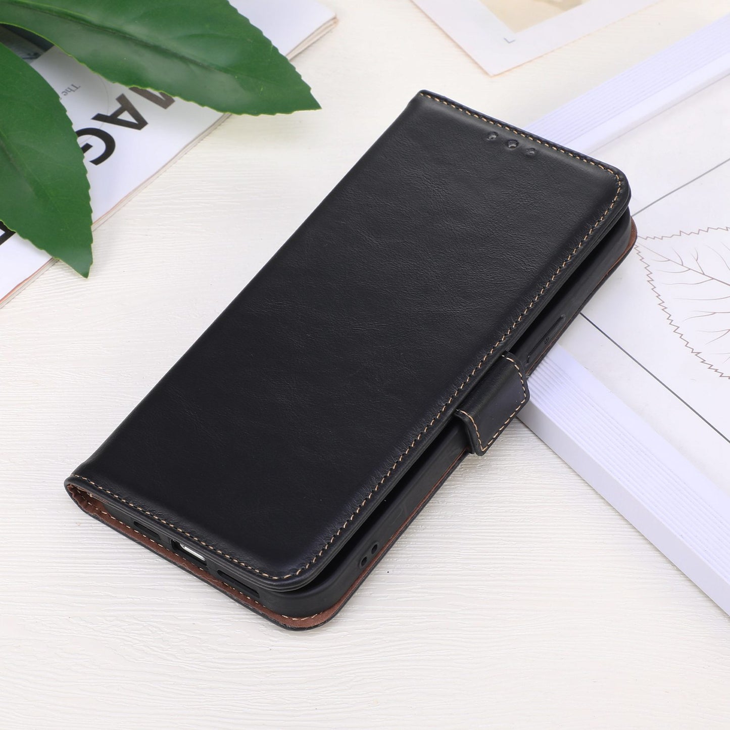 RFID Blocking Phone Case for iPhone 15 Pro Max , Genuine Cow Leather Wallet Phone Stand Cover