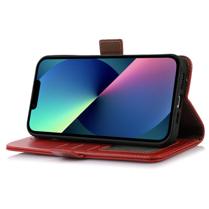 RFID Blocking Phone Case for iPhone 15 Pro Max , Genuine Cow Leather Wallet Phone Stand Cover