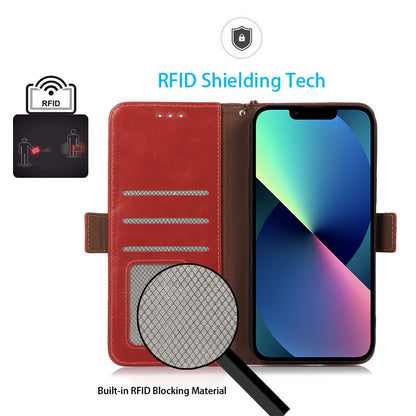 RFID Blocking Phone Case for iPhone 15 Pro Max , Genuine Cow Leather Wallet Phone Stand Cover