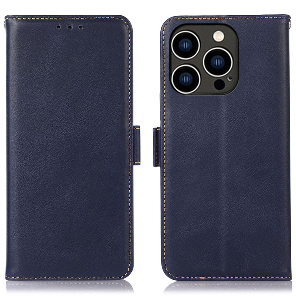 RFID Blocking Phone Case for iPhone 15 Pro Max , Genuine Cow Leather Wallet Phone Stand Cover
